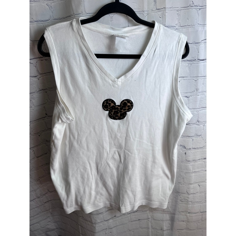VINTAGE Walt Disney World Sleeveless Top Leopard Print Mickey Mouse White Vest